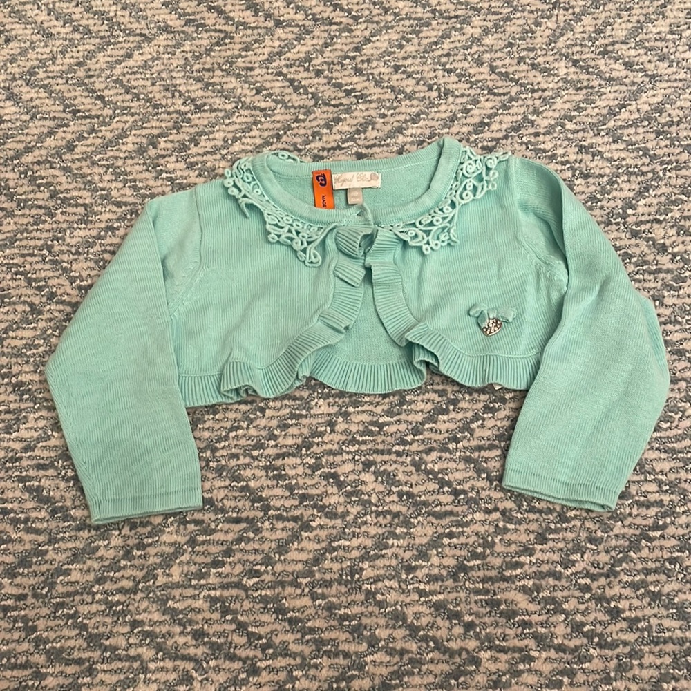 Mayoral Girls 6 Month turquoise cardigan shrug bolero. Lace detail. Rhinestone